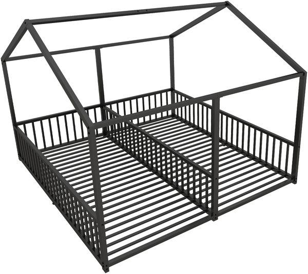 Metallbett, Kinderbett, 90*200cm , Ohne Matratze, Geländer, Leiter, Hausmodellierung, Doppelbett Design, Doppelbett, Eisenrahmen, Schwarz Bild 9
