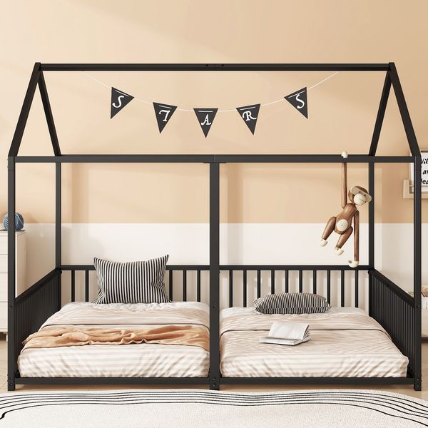 Metallbett, Kinderbett, 90*200cm , Ohne Matratze, Geländer, Leiter, Hausmodellierung, Doppelbett Design, Doppelbett, Eisenrahmen, Schwarz