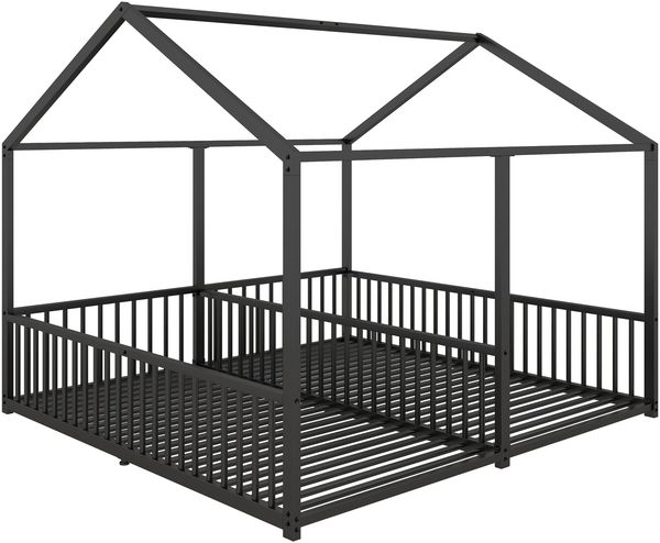 Metallbett, Kinderbett, 90*200cm , Ohne Matratze, Geländer, Leiter, Hausmodellierung, Doppelbett Design, Doppelbett, Eisenrahmen, Schwarz Bild 8