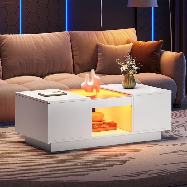 FurnitureR Weißer Couchtisch 100 x 50 x 35,5 cm – mit Glasverkleidung, LED-Beleuchtung, App-Steuerung, 2 Schubladen und 1 offenes Fach