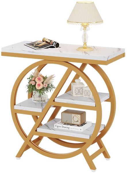 Tribesigns Beistelltisch 65cm Couchtische, Sofatisch mit 3 Ablagen, Couchtisch mit Metallrahmen, mit 3 Ablagen Sofatisch Kaffeetisch Laptoptisch Betttisch Pflegetisch