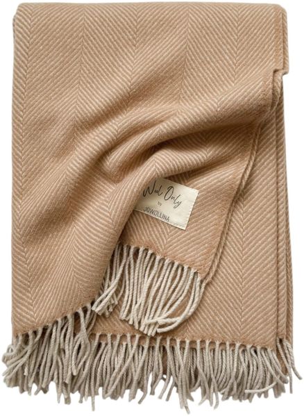 WoolOnly Wolldecke Plaid mit Fransen 130x180 cm, Herringbone Camel-natur