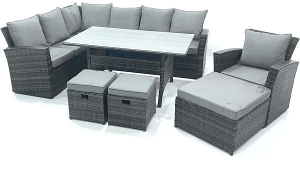 Fimous Gartenlounge Set Rattan Ecksofa Set mit 3 Fußhockern Sesseln Dunkelgrau gemischt