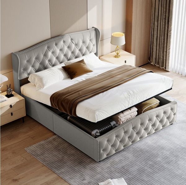PXloue Polsterbett Hydraulisches Stauraumbett Doppelbett, mit Kopfteil und Lattenrost, Beige, Samt, 140x200 cm