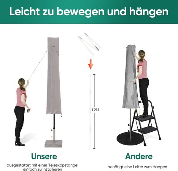 Sekey Sonnenschirm Schutzhülle mit Stab, Abdeckhauben für Ø 350cm / 200x300cm Gartenschirm mit Belüftungsöffnungen, Abdeckung für Marktschirm/Balkonschirm, wasserdicht Bild 5