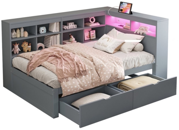 REDOM Stauraumbett Multifunktionales Schlafsofa Daybett Tagesbett Kinderbett (Einzelbett mit Stauraum, USB-Steckdose und LED-Beleuchtung, mit Regalen und Ablagefächern, für moderne Wohnzimmer, 90x200cm), ohne Matratze