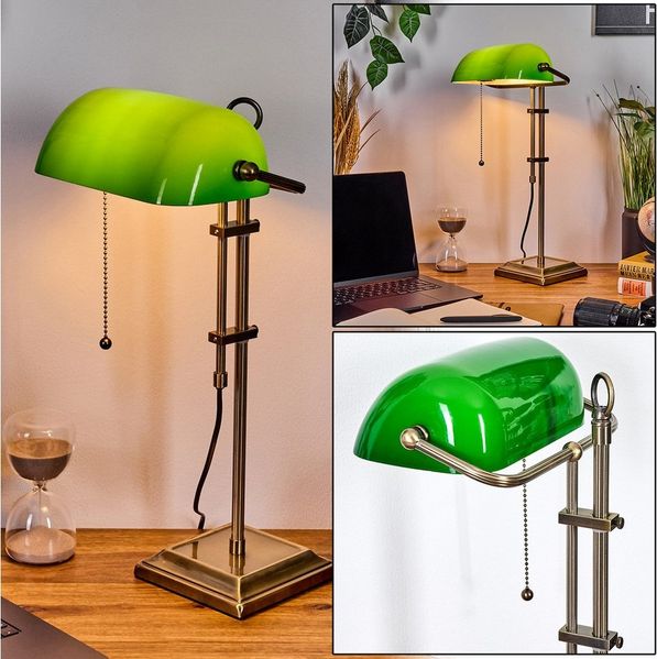hofstein Tischleuchte Tischlampe aus Metall/Glas in Altmessing/Grün/Weiß, ohne Leuchtmittel, Bankerlampe, Schreibtischlampe mit Zugschnur, 1 x E27