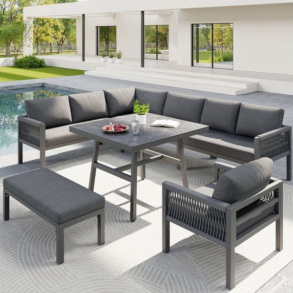 Flieks Gartenlounge-Set, 8-Sitzer L-förmiges Gartenmöbel-Set Sitzgruppe Handgeflochtenes Seil