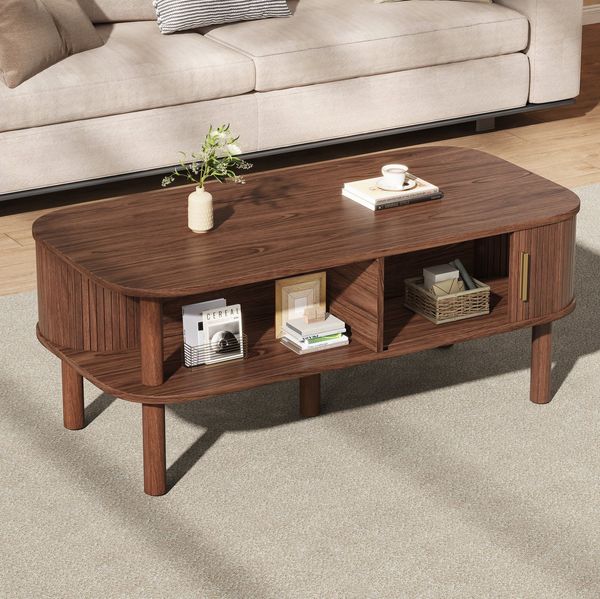 REDOM Couchtisch Skandinavischer Tisch mit geriffelter Schiebetür & Holzbeinen (Packung, 1-St, Walnuss, 110×55×45 cm, MDF, für Wohnzimmer), abgerundete Kanten, natürliche Optik