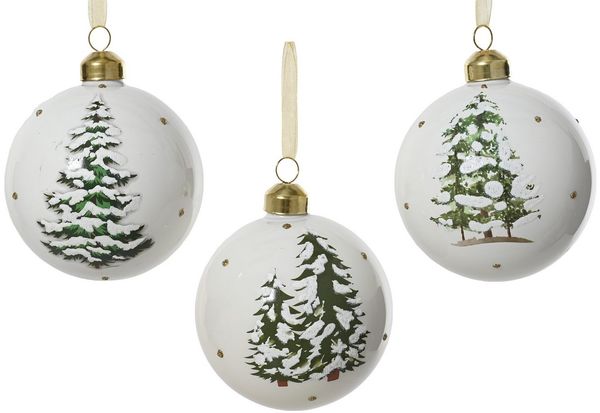 Kaemingk Weihnachtsbaumkugel, Weihnachtskugeln Glas 8cm mit Tannenbaum Motiv 3er Set weiß