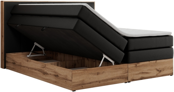 Boxspringbett, Doppelbett mit zwei 7 Härtezonen Multipocket-Matratzen, Bettkästen, Eiche Wotan Holzrahmen, Polsterbett mit Topper-Matratze - ALBERO 1 KING - 120 x 200 cm - Schwarz Kunstleder - H4 Bild 5