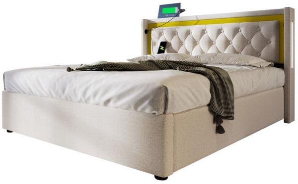 BlingBin Boxspringbett Stauraumbett Polsterbett (1-St, mit USB Typ C Ladefunktion, Bettgestell aus Baumwolle), Doppelbett inkl. Farbwechselnde LED-Beleuchtungsleiste