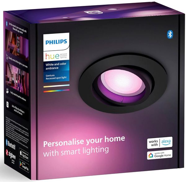 Philips Hue White & Color Ambiance Centura runde Einbauspots 1er Pack (1.050 lm), dimmbare Deckenlampen mit 16 Mio. Farben, smarte Lichtsteuerung über Sprache und App, schwarz, neue Generation