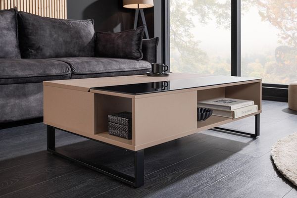 riess-ambiente Couchtisch APARTMENT 110cm taupe/schwarz- Eiche, Glas, Stauraum, höhenverstellbar (Einzelartikel, 1-St), verstellbarer Couchtisch mit Kufen-Metallgestell - ideal f. Wohnzimmer