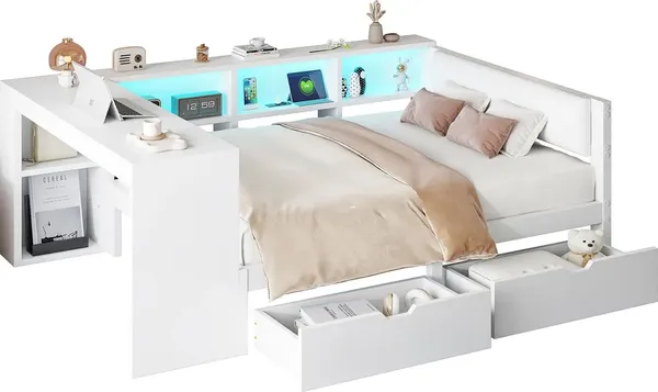 Stauraumbett mit Schreibtisch, LED-Streifen, Lattenrost, Regal, Schubladen, USB und Steckdosen, 140x200cm, Holzbett, Doppelbett