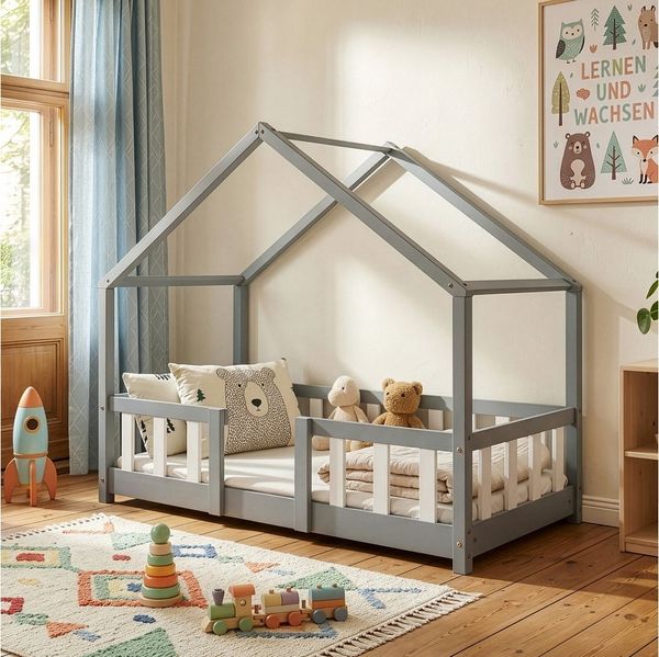 en. casa Kinderbett, »Treviolo« Haus-Optik Montessori 70x140 cm Hellgrau / Weiß