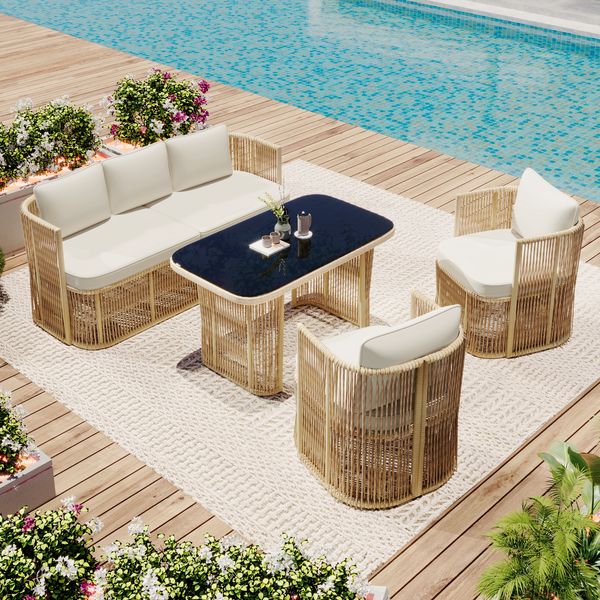 Merax 5-teiliges Gartenmöbel Set, PE Rattan Garten-Loungesessel-Set mit 3-Sitzer Sofa, 2 Sessel & Glastisch – mit Polyester Kissen, Stahlrahmen & gehärteter Glasplatte, Beige