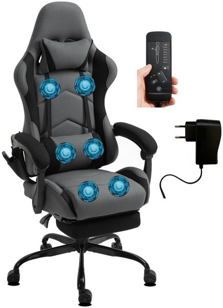 Delman Gaming-Stuhl, ergonomischer Bürostuhl mit 6-Punkt-Massagefunktion, Fußstütze und atmungsaktivem Stoffbezug, Grau