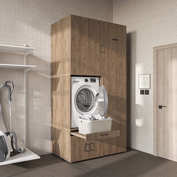 Roomart Waschmaschinenschrank 240 cm mit Hochschrank – Soft-Close, Ausziehbrett • Eiche