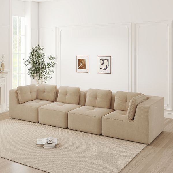 4-Sitzer Sofa 386x104x69 cm aus Cordstoff rahmenlos modular, beige