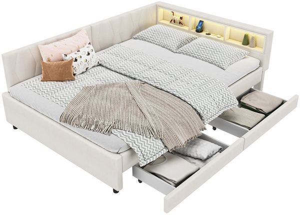 SeedWave Daybett Polsterbett mit Schubladen, Leinenbezug, LED-Beleuchtung, Ladefunktion, 140x200 cm Stauraumbett mit Schubladen und Regalfächern