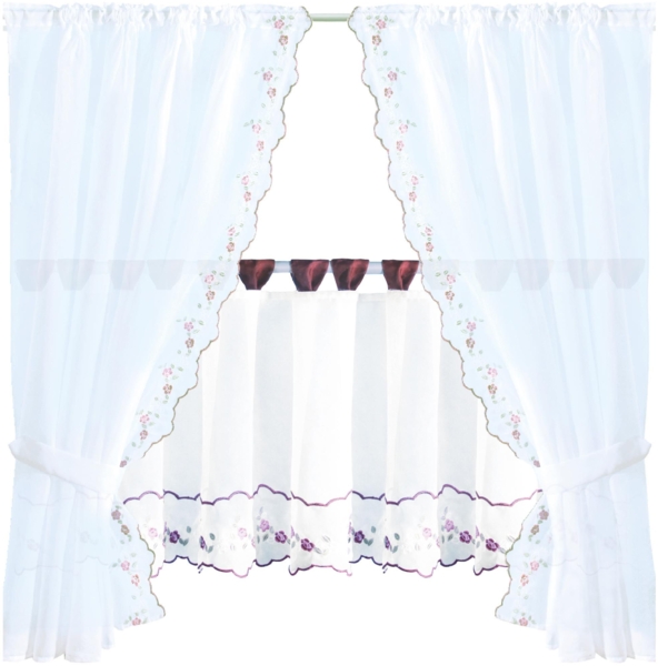 Gardinenset Voile mit Stangendurchzug Serie: Satin, Auswahl: weinrot - Blumen bestickt 5-teilig