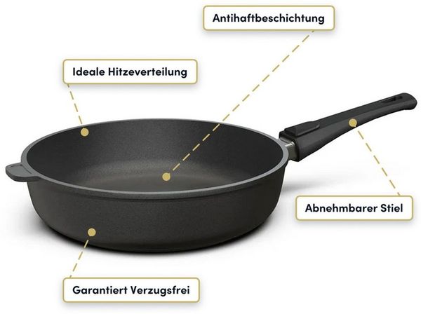 Hoffmann Germany Bratpfanne Schmorpfanne Ø 20 cm hoher Rand – Made in Germany, Aluguss (1-tlg, 1x Pfanne Ø 20 cm mit hohem Rand), abnehmbarer Griff, Antihaft, backofenfest bis 250°C, Induktion