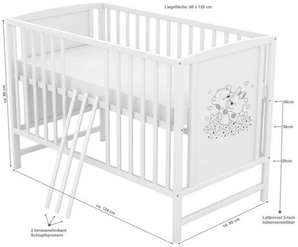 Baby-Delux Babybett Mia, Kinderbett 60x120 cm weiß höhenverstellbar, Kiefer mit Bärchen Motiv Bild 3