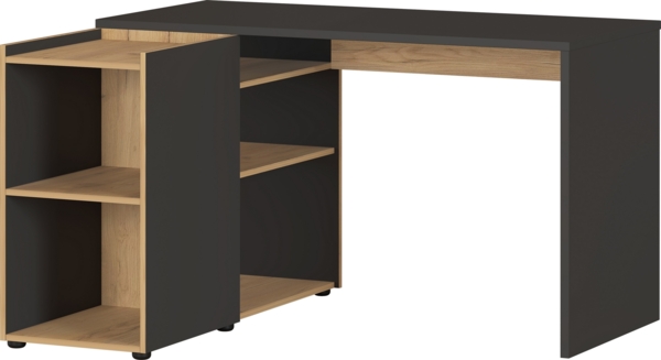 bümö Winkelschreibtisch winkleby mit Seitenwange und integriertem Sideboard in Graphit/Eiche - Schreibtisch mit Regal, Wangenschreibtisch für Ordner & Co. für Büro und Homeoffice, winkleby-gne