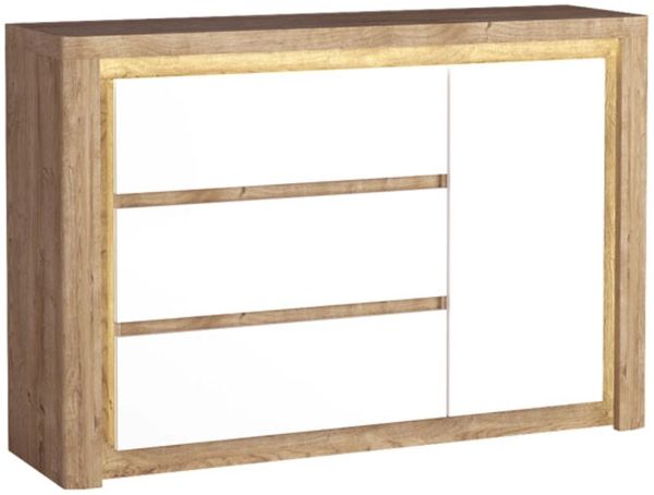 Kommode Livinio Sideboard 144x40,5x97,5cm Ribbeck Eiche weiß Hochglanz inkl. LED
