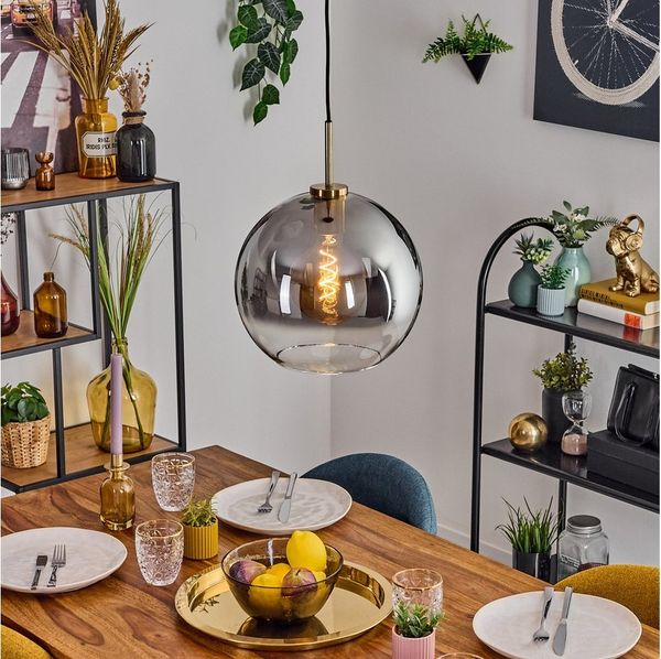 hofstein Hängeleuchte Hängelampe aus Metall/Glas in Schwarz/Gold/Rauchfarben/Klar, Hängeleuchte im modernen Retro/Vintage-Design (30 cm), E27
