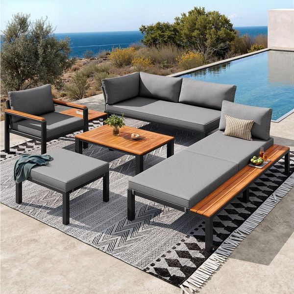 Merax Gartenlounge-Set Modulare Sitzgruppe mit Metallrahmen, Terrassenmöbel aus Kunstholz, (5-tlg), 5-Sitzer Gartenmöbel-Set mit Sofa, Liegestuhl, Hocker, Sessel, Tische