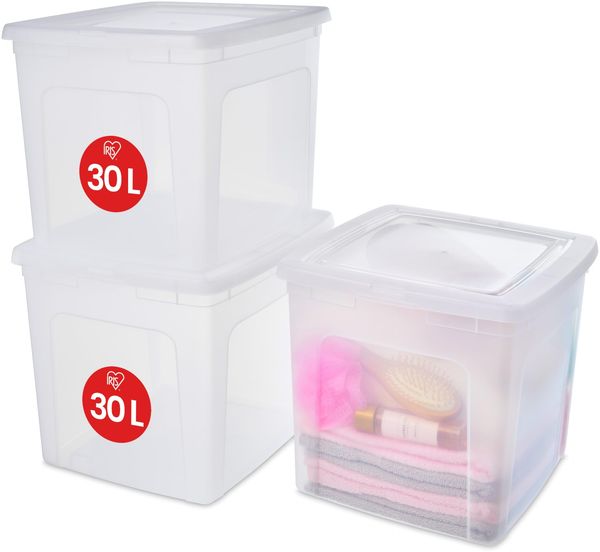 Iris Ohyama Vielseitige Aufbewahrungsboxen, 30L, 3er-Set, Transparent, Deckel leicht schließbar, Stapelbar, Plastik, Für Schrank, Regale, Klassenzimmer, Organisation, Kunstbedarf, Schuhe, MCB-30