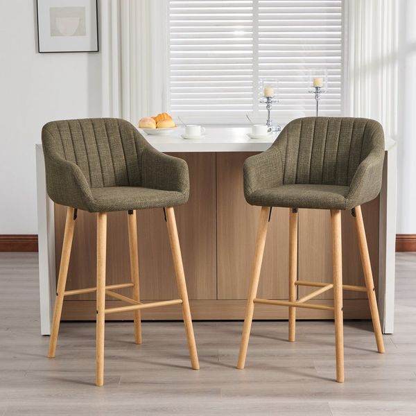 MODFU Barhocker 2er-Set Küchenstühle mit hoher Rückenlehne und Armlehnen (elegante Leinen-Sitze auf Holzbeinen), Barstühle Bistrohocker