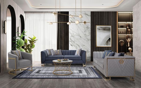 Sitzgruppe/Sofa Set - Wohnzimmergarnitur "Ismene" 3+3+1+1-Dunkelblau/Grau