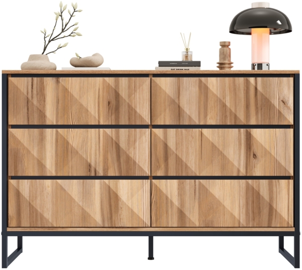 Sideboard, Kombination aus Schwarz und Naturholztönen mit Metallbeinen und erhöhten Türen, Holz+Metall, Schwarz+Natur
