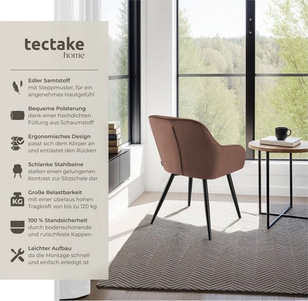 tectake Esszimmerstuhl Polstersessel gepolstert, in Samtoptik, gesteppt, 58 x 62 x 82 cm (Küchenstuhl Marilyn in braun/schwarz, 2 St), durchgehende Lehne, Stahlbeine, bodenschonend, Belastbarkeit 120 kg