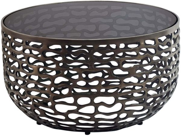 Couchtisch Aluminium Glas 60cm Schwarz - Runder Wohnzimmertisch Metall - Design Sofatisch - Moderner Loungetisch Gitteroptik - Beistelltisch Wohnzimmer Handmade