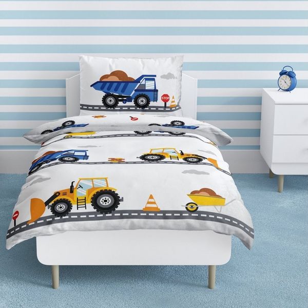 MTOnlinehandel Babybettwäsche Bagger 100x135 + 40x60 cm, 100 % Baumwolle Flanell, Biber, 2 teilig, Fahrzeuge, Baustelle Kinderbettwäsche für Babys und Kleinkinder