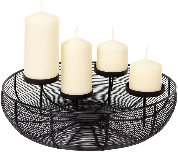 BURI Adventskranz Metallschale Schwarz Ø 36 cm | Moderner Adventskranz aus Drahtgeflecht mit 4 Kerzenhaltern | Adventskorb | Stilvolle Weihnachtsdeko inkl. 4 champagnerfarbene Stumpenkerzen