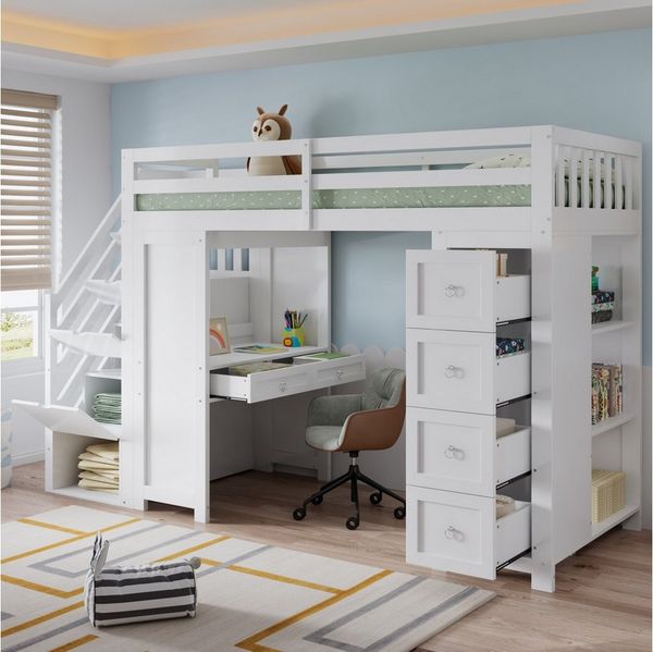 Flieks Hochbett Kinderbett 90x200 cm mit Schreibtisch Schubladenschrank Stauraumtreppe