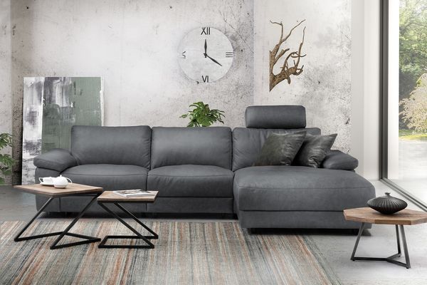 KAWOLA Sofa LOLA Ecksofa XL Leder grau mit motorischer Relaxfunktion Recamiere rechts 84 x 178 x 304 cm