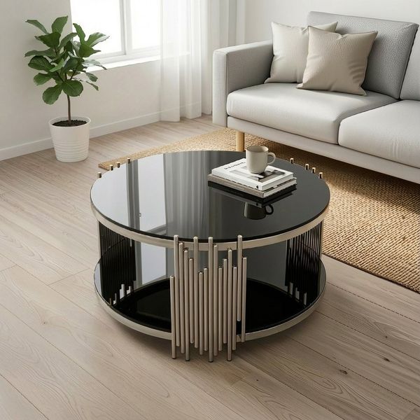 STILVORA Couchtisch Wohnzimmertisch Runder Sofatisch mit Doppelglas Top für Wohnzimmer (rund, Glas, schwarz, goldenes Gestell, Wohnzimmer, gehärtetes Glas, Doppelglas, 2 Ebenen, Edelstahlrahmen), kratzfest, pflegeleicht, runde Form, luxuriös