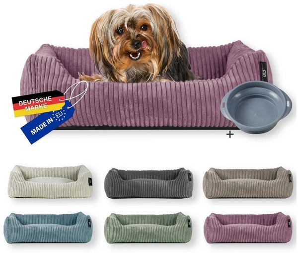 Rohrschneider Tierbett Hundebett Cord für kleine Hunde mit waschbarem Bezug inkl. Futternapf, antiruschbeschichtete Unterseite