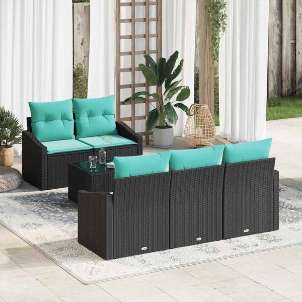 vidaXL Sofa Set mit Kissen 6 pcs Schwarz und Türkis Poly Rattan 3346606
