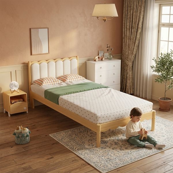 Kinder Polsterbett Einzelbett, Gepolstertes PU-Kopfteil, elegantes Wellendesign, stabiler Lattenrost, Massivholzrahmen, Beige, 90x200cm