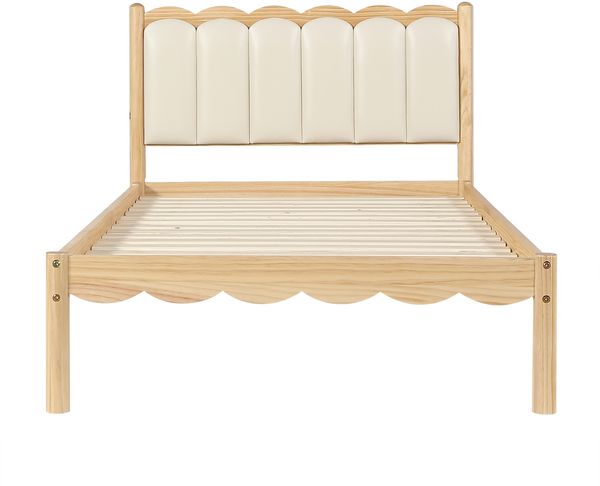 Kinder Polsterbett Einzelbett, Gepolstertes PU-Kopfteil, elegantes Wellendesign, stabiler Lattenrost, Massivholzrahmen, Beige, 90x200cm Bild 9