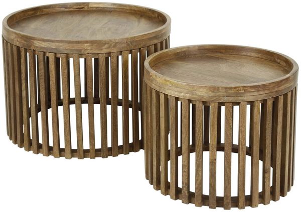Couchtisch 2er-Set Mangoholz, modern mit Stauraum, rund, Braun, Lamellen Design, Ø 50/65 cm