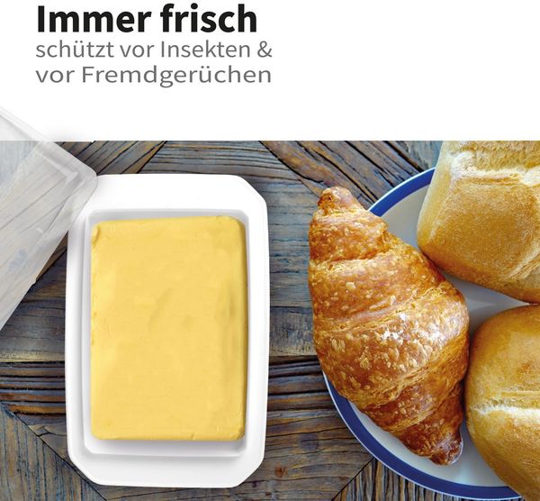 Dekorative Butterdose - Transparent mit Deckel - Butterbox, spülmaschinenfest - BPA Frei Kunststoff - Butterschale für 250g Butter - Weiß