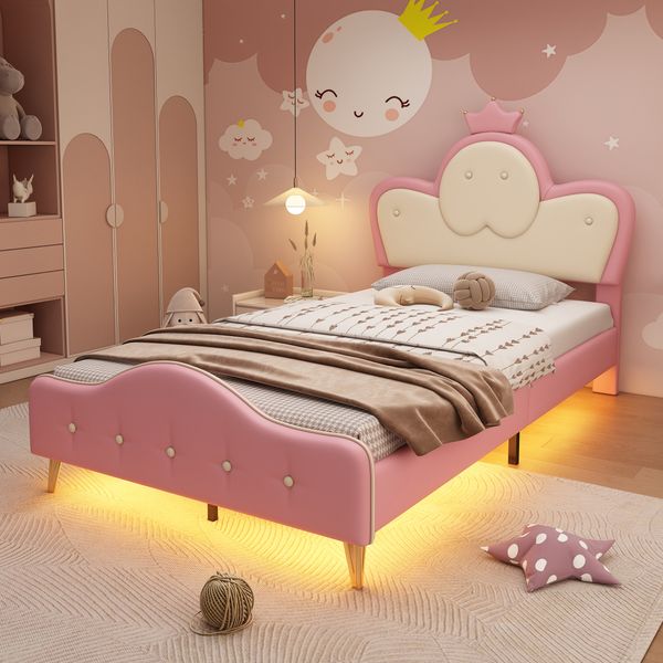 Polsterbett, Kinderbett, mit weichen Schutzkanten, Monochromer LED-Streifen, Kopfteil mit Krone, Bettfüße aus Metall, Wellenform mit Zugpunkt am Kopfende des Bettes, Einzelbett, PU, Rosa+Weiß,90x200CM